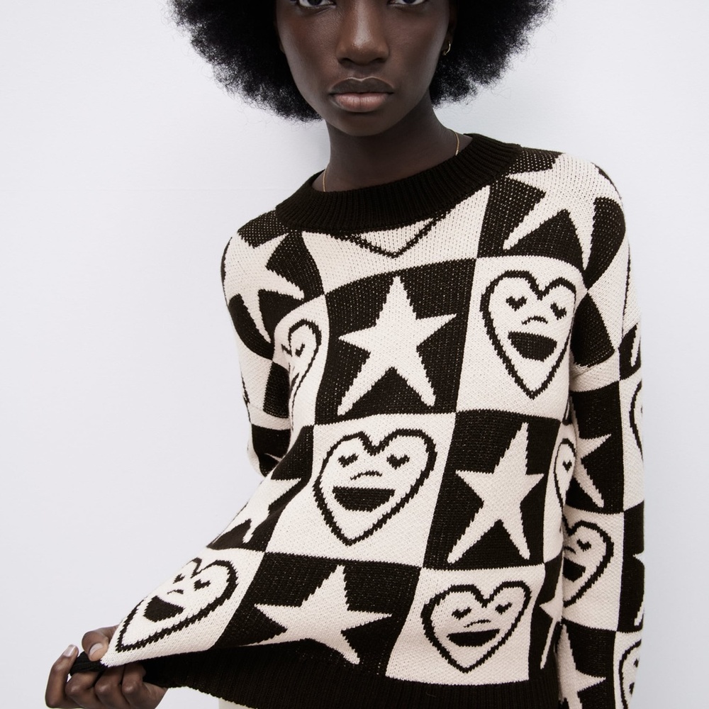 NWT ZARA SMILING HEART AND STARS JACQUARD KNIT SWEATER M